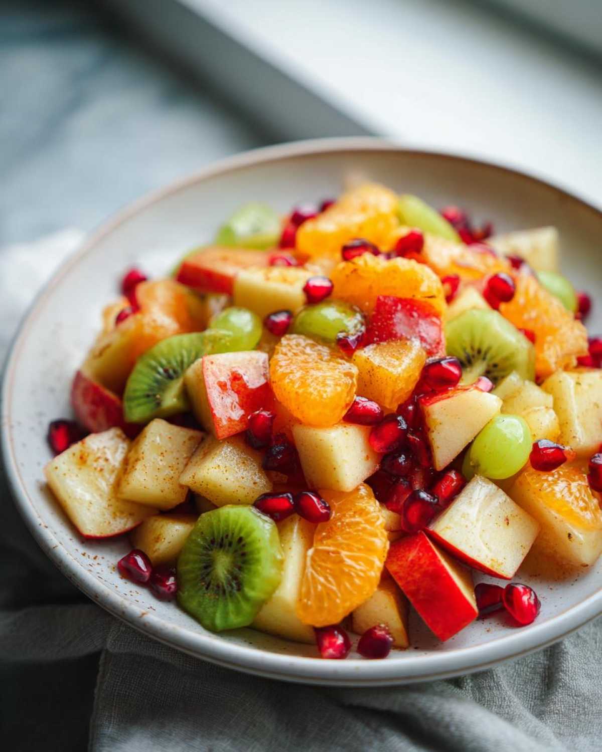 Close-up of a vibrant winter fruit salad featuring diced apples, kiwi slices, orange segments, grapes, and pomegranate seeds.