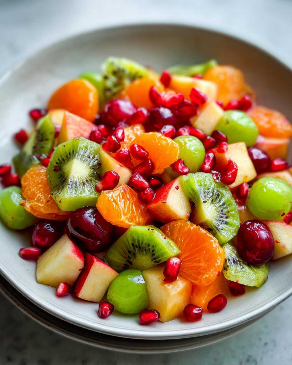 Close-up of a colorful winter fruit salad featuring kiwi, mandarin segments, grapes, and pomegranate seeds.