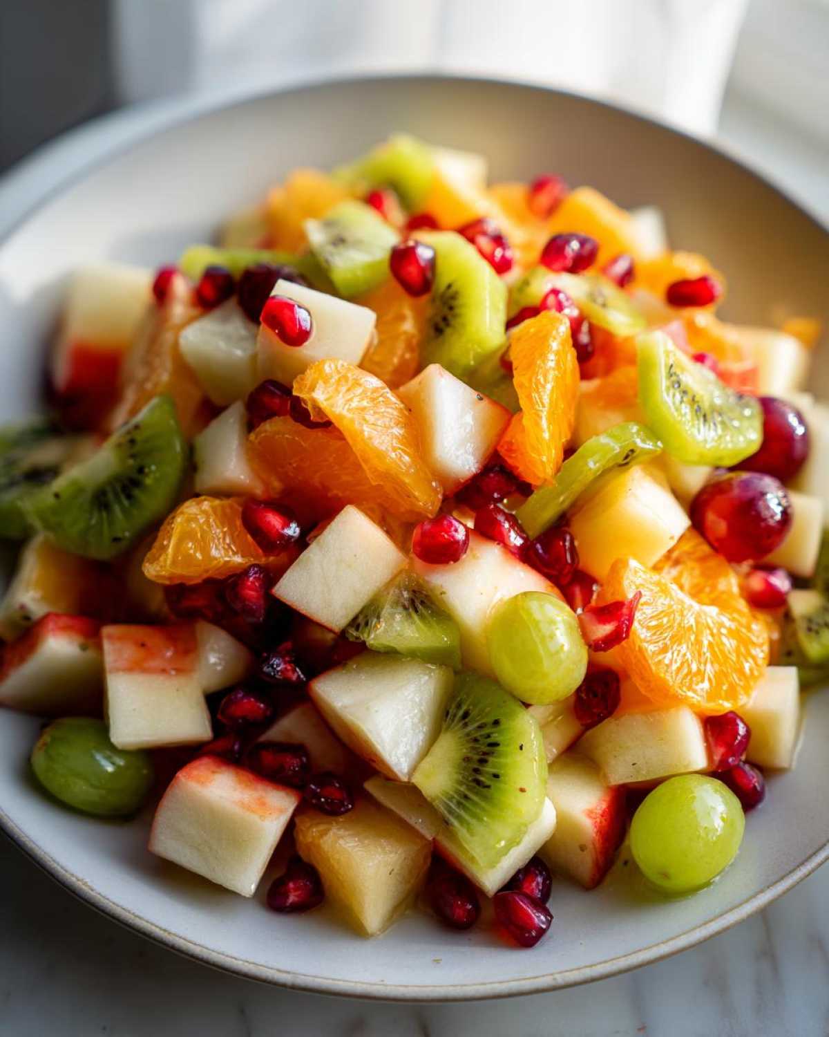 Close-up of a vibrant winter fruit salad featuring kiwi, orange segments, grapes, and pomegranate seeds in a light bowl.