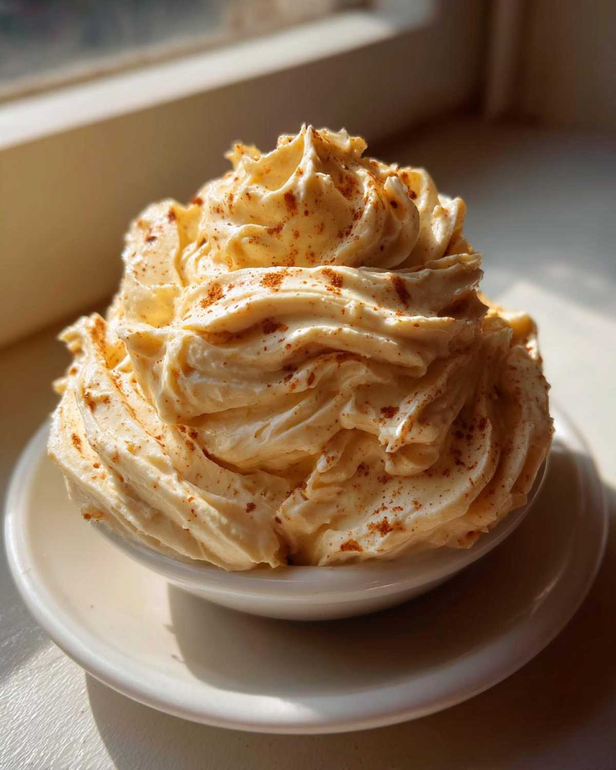 A mound of fluffy, whipped honey butter, piped high and sprinkled with cinnamon, served in a white bowl.