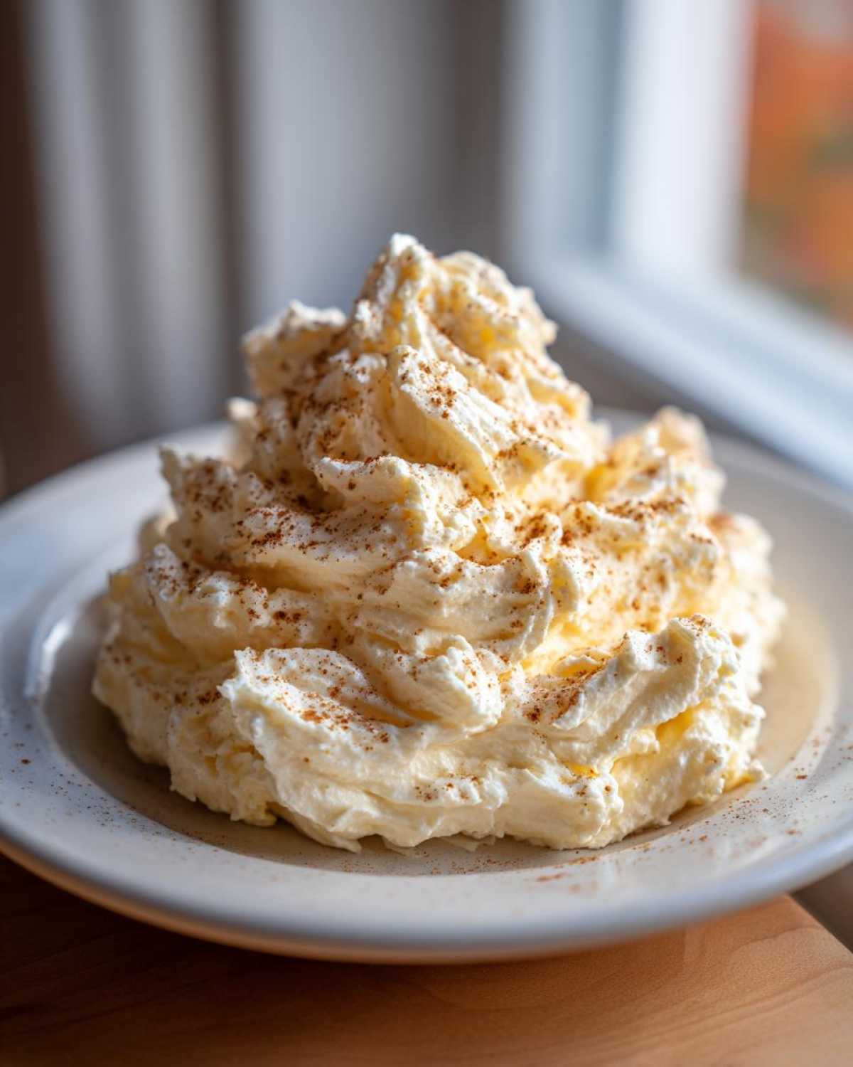 A large dollop of creamy, whipped topping dusted with cinnamon, perfect for serving with honey butter recipe.