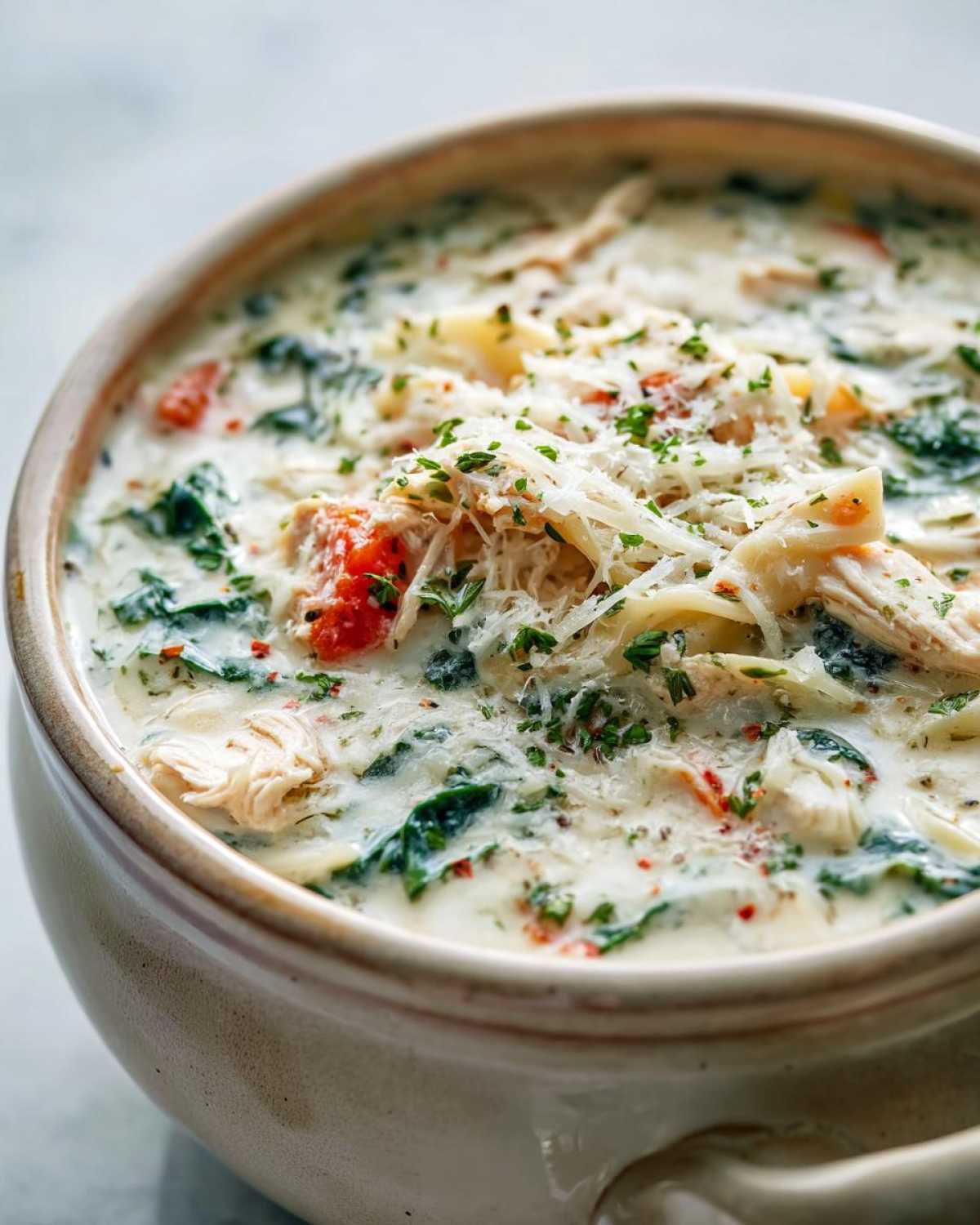 Close-up of a hearty bowl of white chicken lasagna soup topped with shredded cheese and parsley.