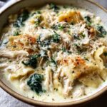Close-up of creamy white chicken lasagna soup with shredded chicken, spinach, and grated Parmesan cheese.