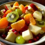 Close-up of a vibrant winter fruit salad featuring kiwi slices, orange segments, apple chunks, grapes, and pomegranate seeds.