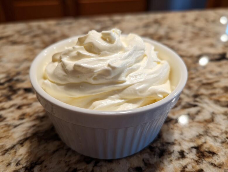 A close-up of creamy, whipped horseradish sauce mounded high in a small white bowl on a granite countertop.