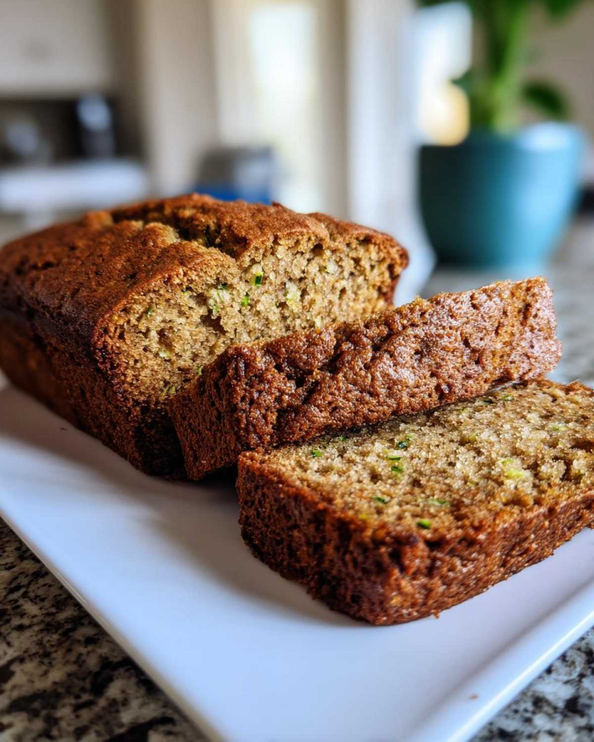 A loaf of moist zucchini banana bread, partially sliced, showing green flecks of zucchini.