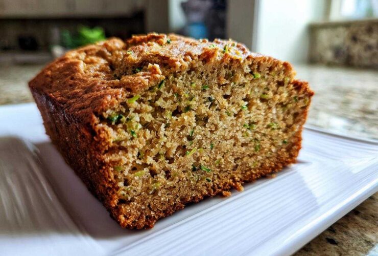 A close-up of a freshly baked slice of zucchini banana bread showing the moist crumb and flecks of green zucchini.