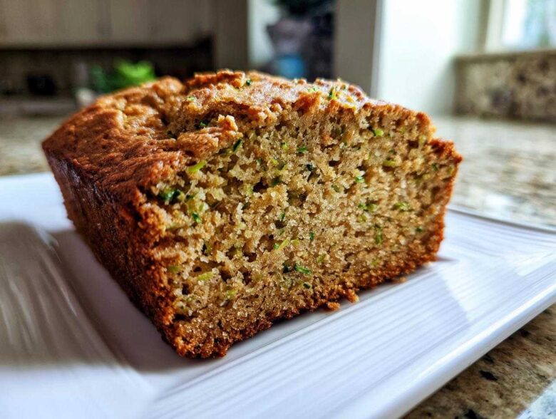 A close-up of a freshly baked slice of zucchini banana bread showing the moist crumb and flecks of green zucchini.