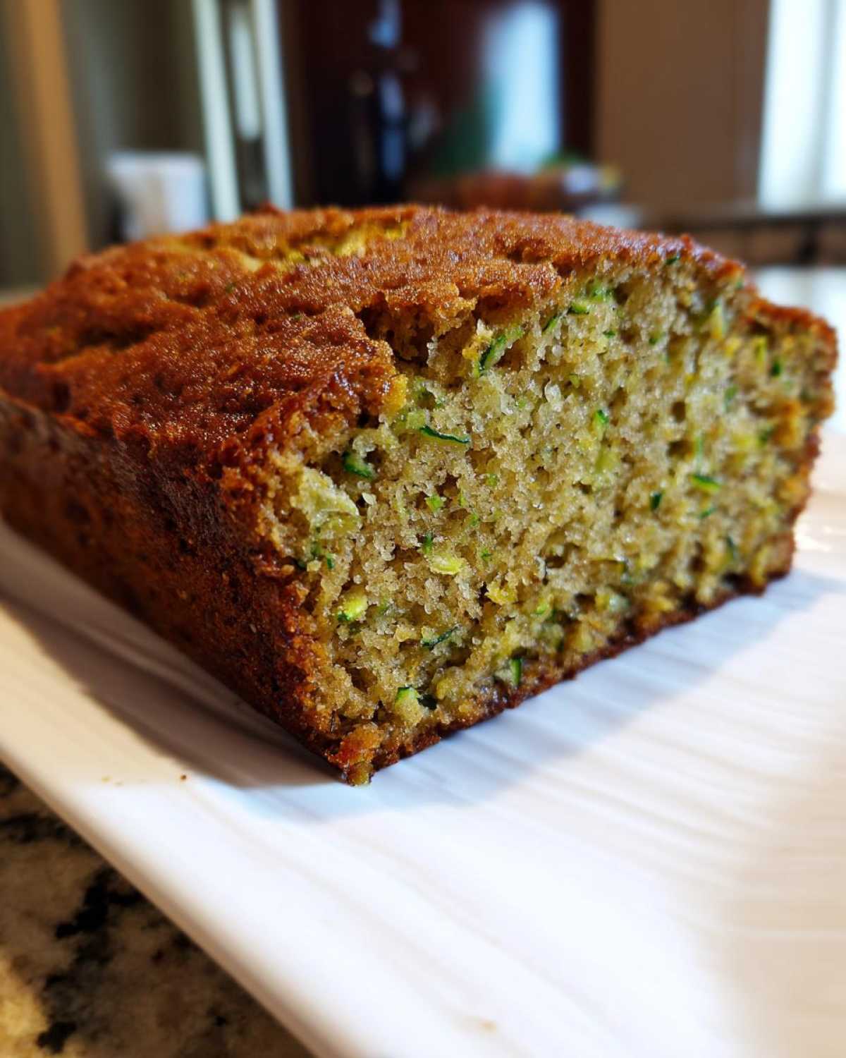 Close-up of a moist slice of zucchini banana bread showing flecks of green zucchini.