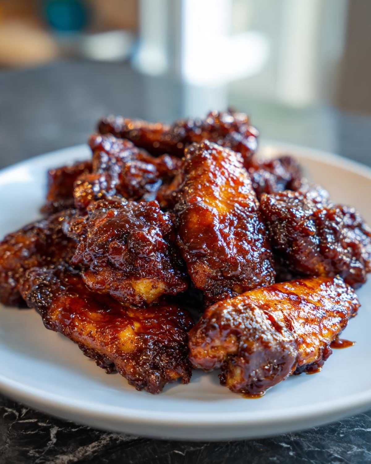 A close-up of a pile of sticky, glazed Air Fryer BBQ Chicken Wings served on a white plate.