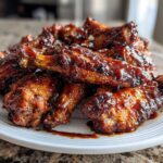 A close-up of a pile of sticky, glazed Air Fryer BBQ Chicken Wings served on a white plate.