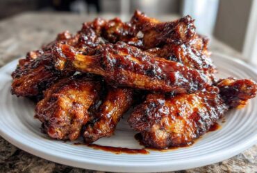 A close-up of a pile of sticky, glazed Air Fryer BBQ Chicken Wings served on a white plate.