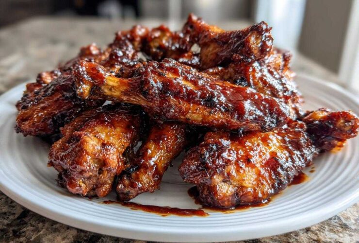 A close-up of a pile of sticky, glazed Air Fryer BBQ Chicken Wings served on a white plate.