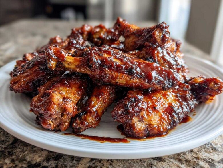 A close-up of a pile of sticky, glazed Air Fryer BBQ Chicken Wings served on a white plate.