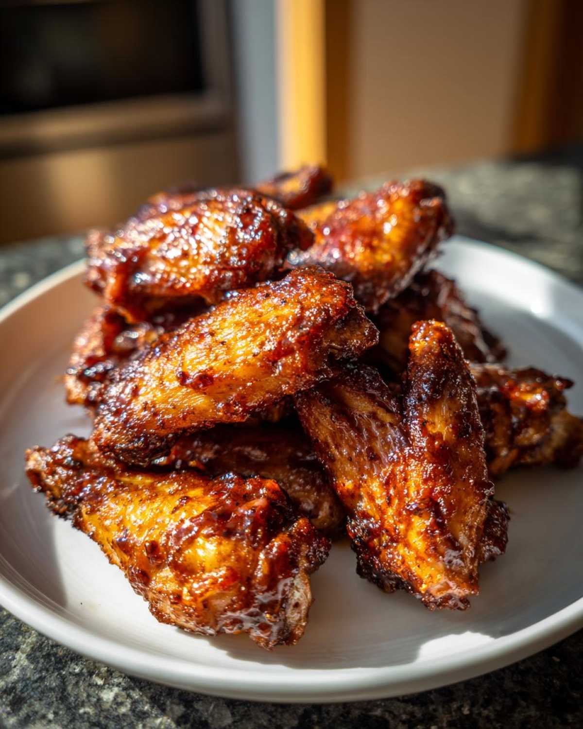 A close-up of glossy, caramelized Air Fryer BBQ Chicken Wings piled high on a white plate.