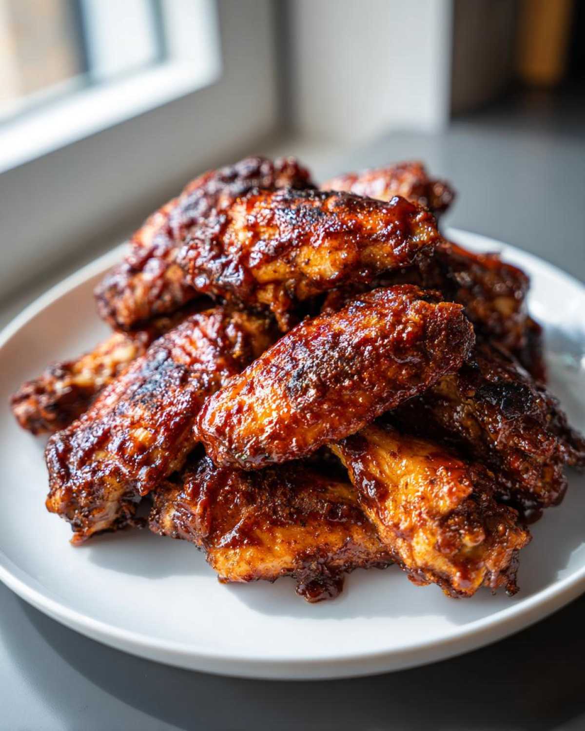 A close-up of a pile of crispy, glazed Air Fryer BBQ Chicken Wings stacked on a white plate.