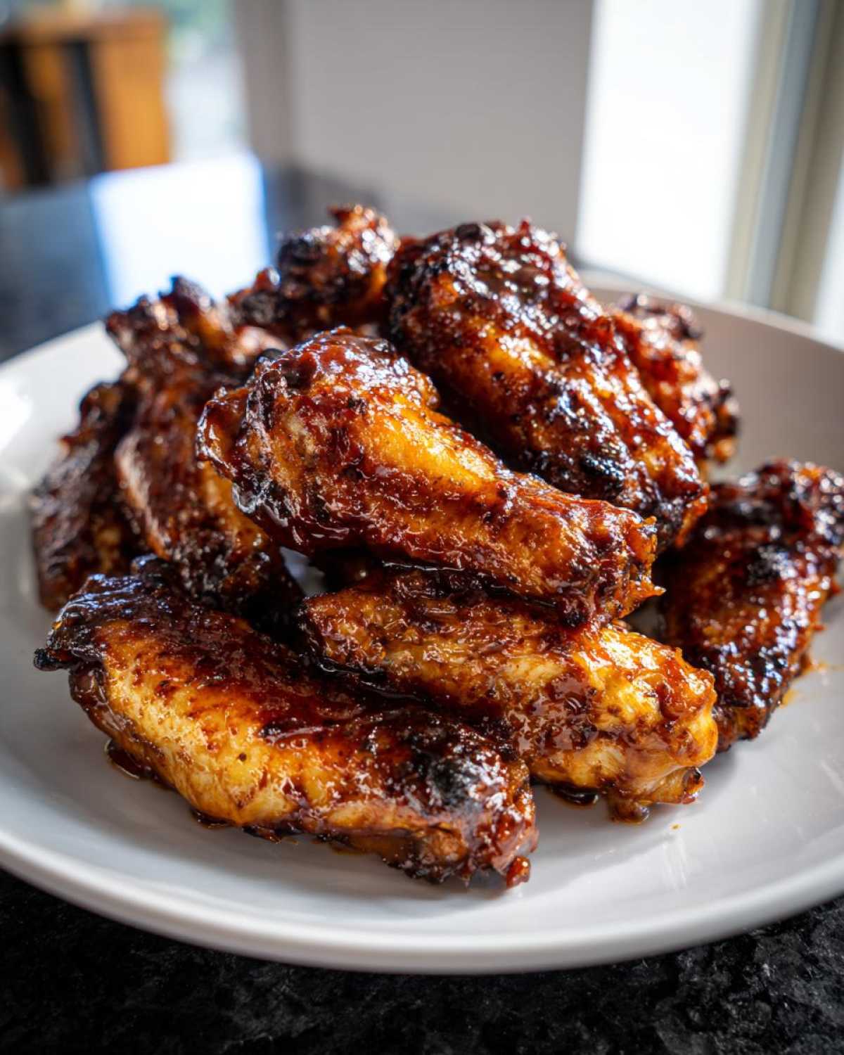 A close-up stack of glistening, saucy Air Fryer BBQ Chicken Wings piled high on a white plate.