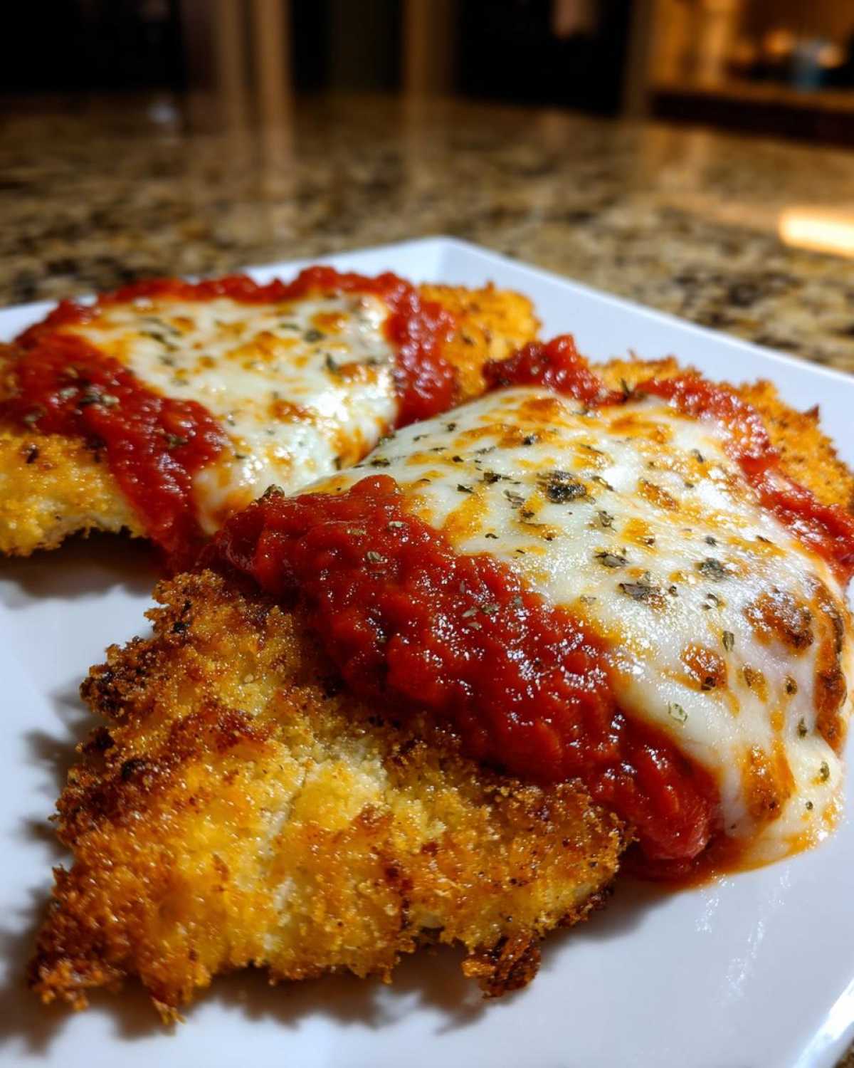 Two crispy breaded cutlets of Air Fryer Chicken Parmesan topped with melted mozzarella and marinara sauce.