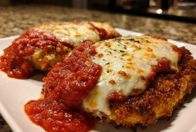 Two pieces of crispy Air Fryer Chicken Parmesan topped with melted mozzarella cheese and marinara sauce.