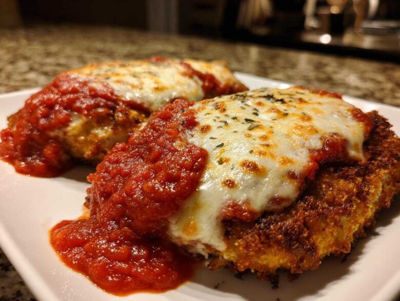 Two pieces of crispy Air Fryer Chicken Parmesan topped with melted mozzarella cheese and marinara sauce.