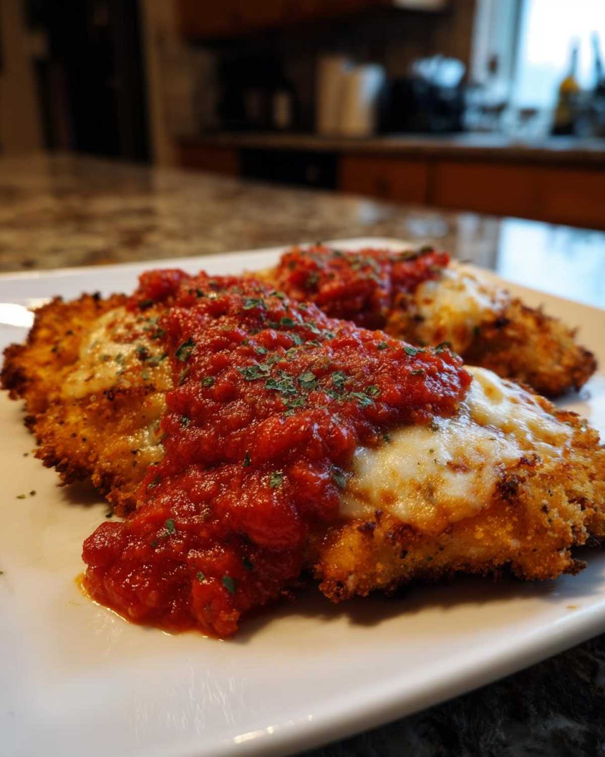 Two golden, breaded pieces of Air Fryer Chicken Parmesan topped with melted mozzarella and rich marinara sauce.