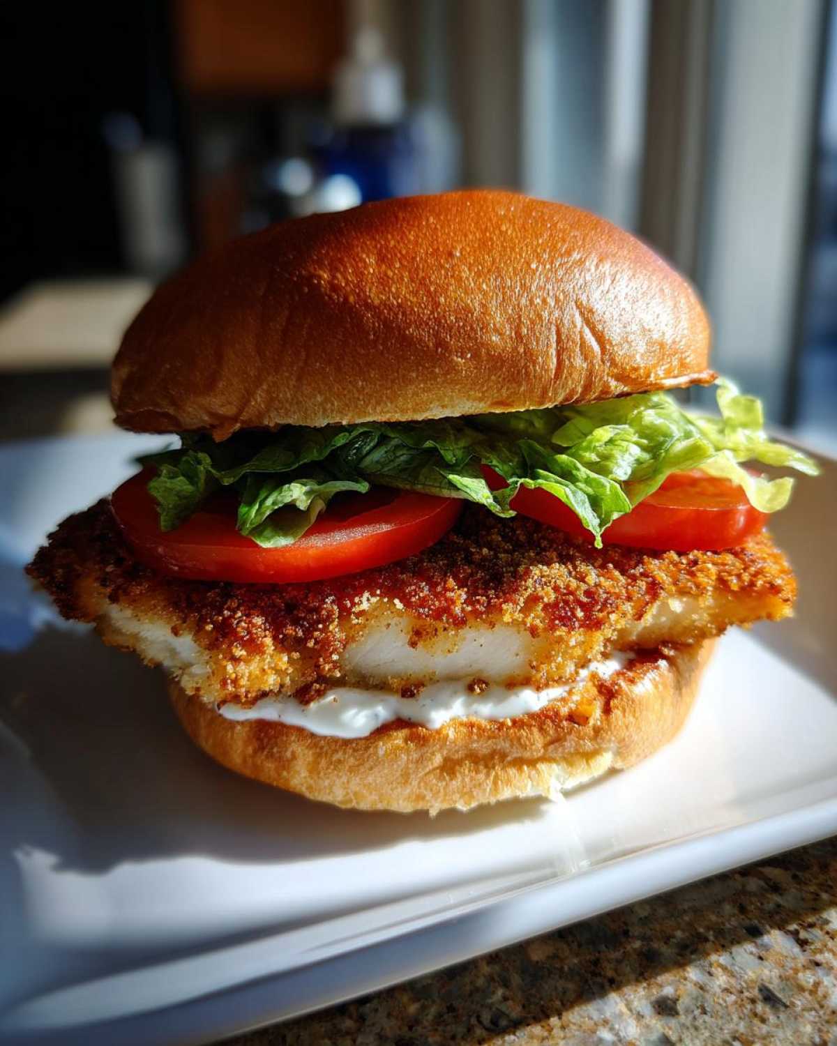 A close-up of an Air Fryer Crispy Fish Sandwich featuring a golden, breaded fillet, lettuce, tomato, and tartar sauce on a brioche bun.