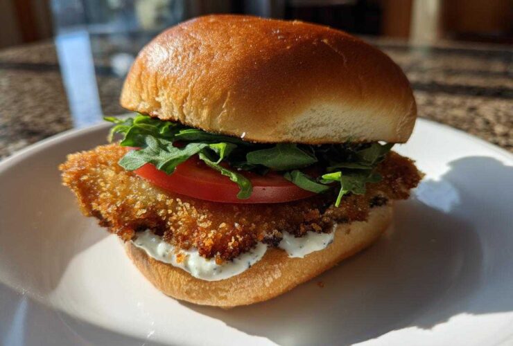 Close-up of an Air Fryer Crispy Fish Sandwich featuring a golden breaded fillet, lettuce, tomato, and tartar sauce on a brioche bun.