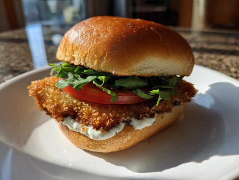 Close-up of an Air Fryer Crispy Fish Sandwich featuring a golden breaded fillet, lettuce, tomato, and tartar sauce on a brioche bun.