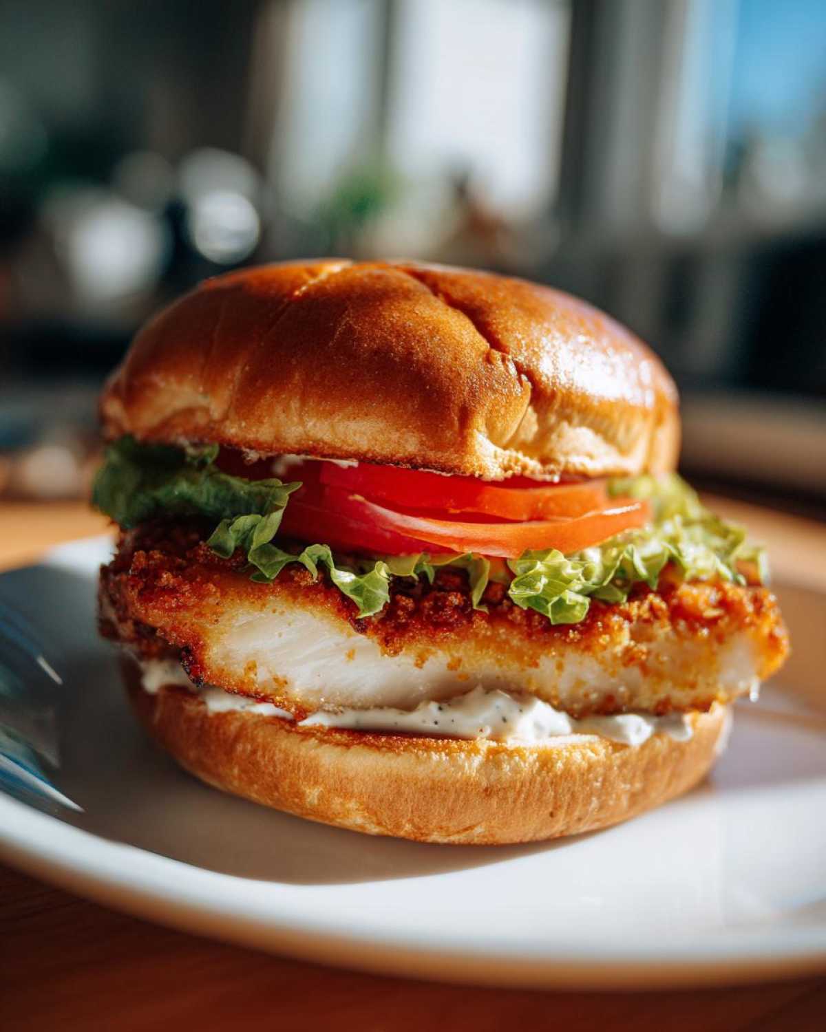 Close-up of a golden Air Fryer Crispy Fish Sandwich layered with tartar sauce, lettuce, and tomato on a brioche bun.