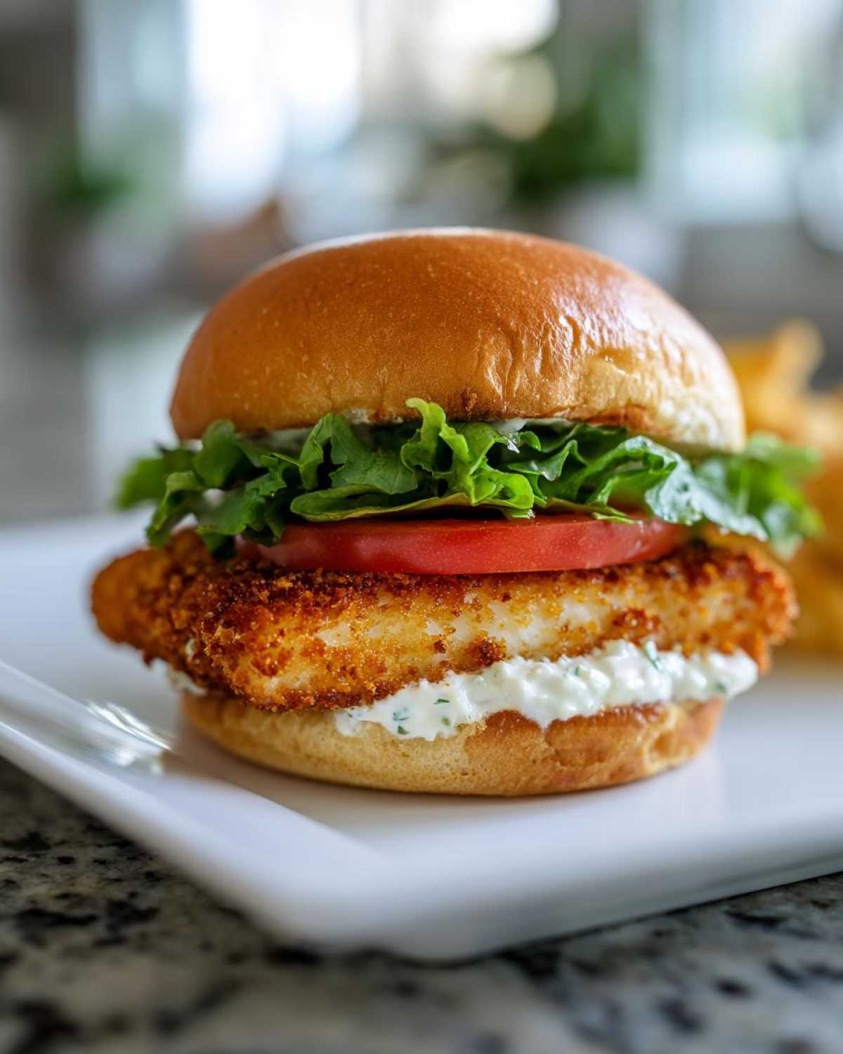 A close-up of an Air Fryer Crispy Fish Sandwich featuring a golden, breaded fillet, lettuce, tomato, and tartar sauce on a bun.