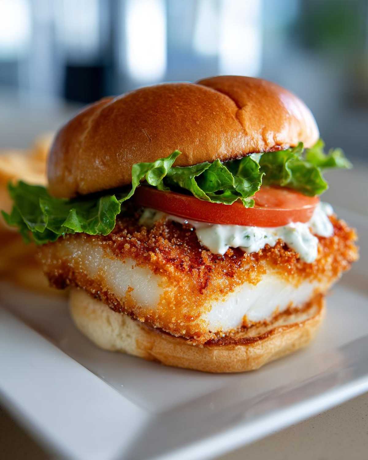 Close-up of an Air Fryer Crispy Fish Sandwich featuring a thick, golden-brown fish fillet, lettuce, tomato, and tartar sauce on a brioche bun.