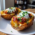 Two halves of Air Fryer Crispy Potato Skins loaded with cheese, bacon bits, sour cream, and chives.