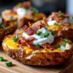 Close-up of a crispy Air Fryer Crispy Potato Skins topped with melted cheddar, sour cream, bacon bits, and chives.