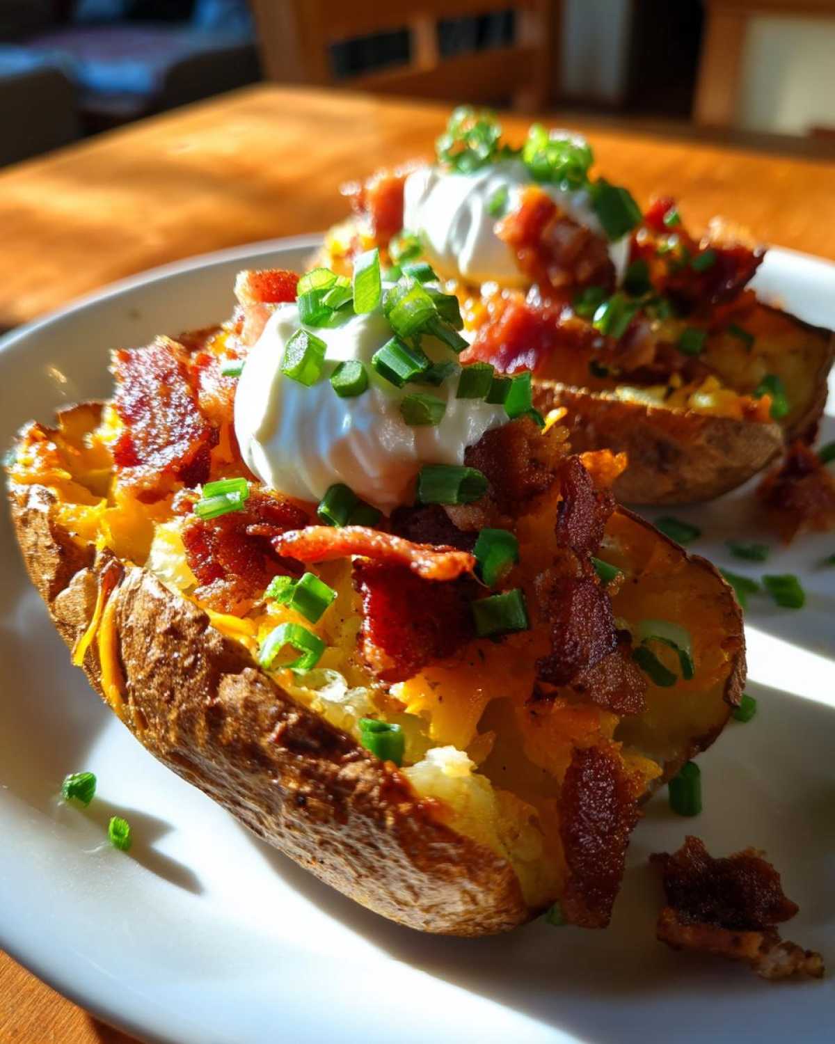 Close-up of two Air Fryer Crispy Potato Skins loaded with cheese, bacon, sour cream, and fresh chives.