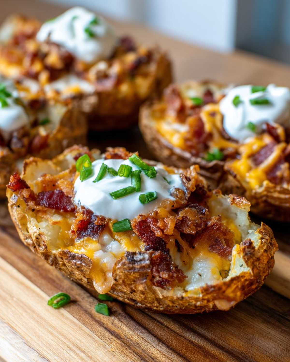 Close-up of Air Fryer Crispy Potato Skins loaded with melted cheese, bacon, sour cream, and chives.