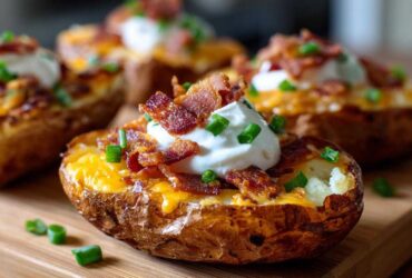 Close-up of a crispy Air Fryer Crispy Potato Skins topped with melted cheddar, sour cream, bacon bits, and chives.