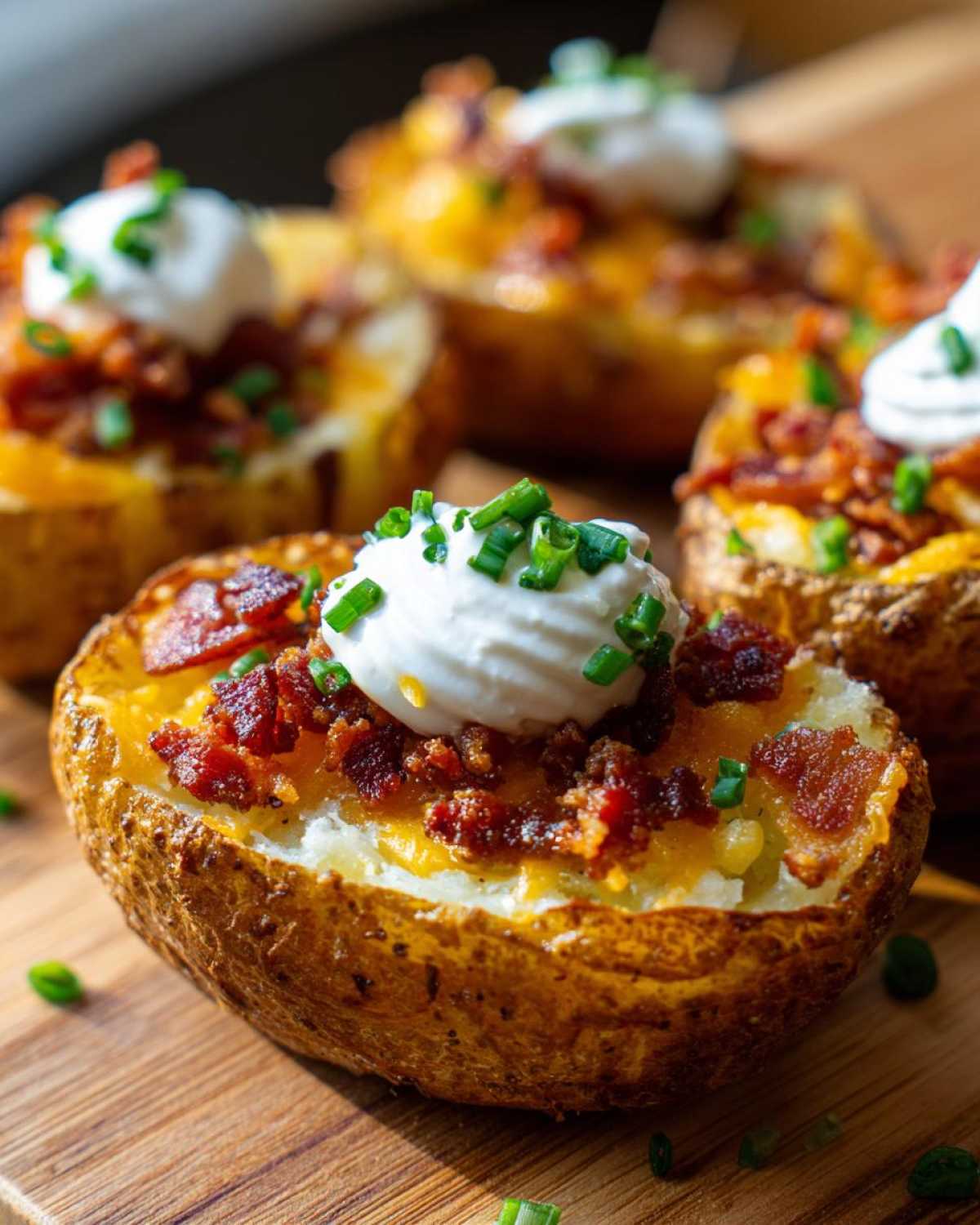 Close-up of crispy Air Fryer Crispy Potato Skins topped with melted cheese, bacon bits, sour cream, and chives.