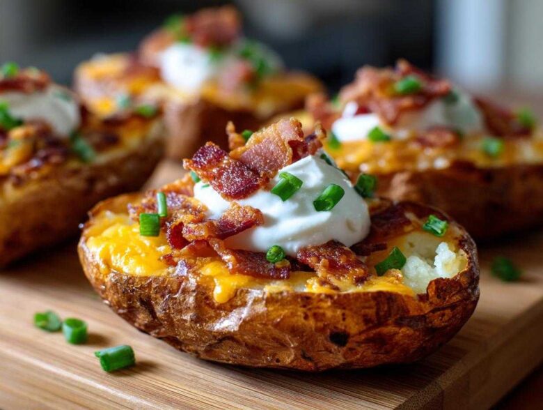 Close-up of a crispy Air Fryer Crispy Potato Skins topped with melted cheddar, sour cream, bacon bits, and chives.