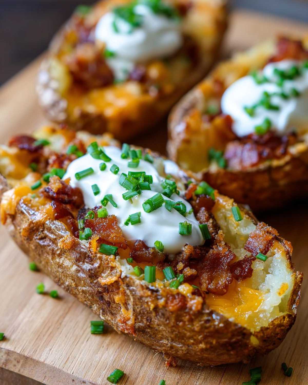 Close-up of Air Fryer Crispy Potato Skins loaded with cheese, bacon bits, sour cream, and chives.