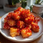 A pile of golden, crispy Air Fryer Crispy Tofu generously coated in a bright red, glistening sweet chili glaze and sprinkled with sesame seeds.