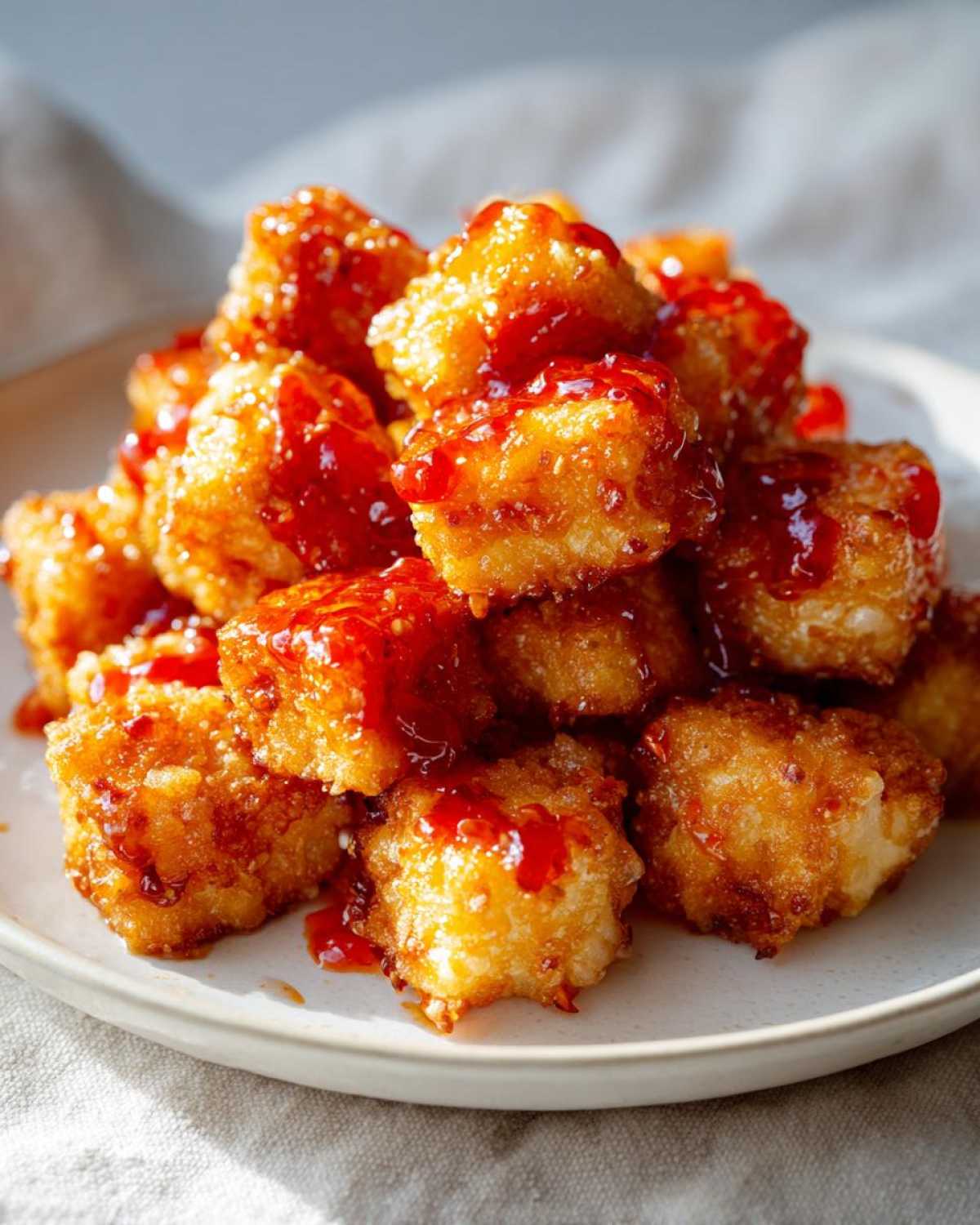 Close-up of golden Air Fryer Crispy Tofu with Sweet Chili Glaze piled high on a light plate.