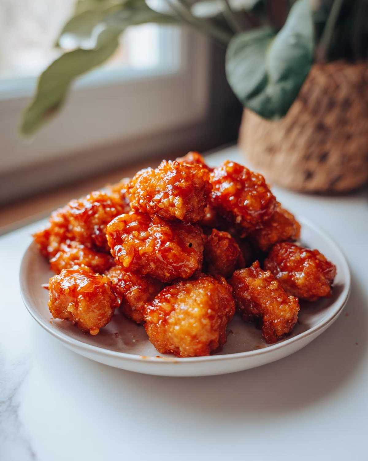A plate piled high with golden, crispy Air Fryer Crispy Tofu coated in a shiny sweet chili glaze.