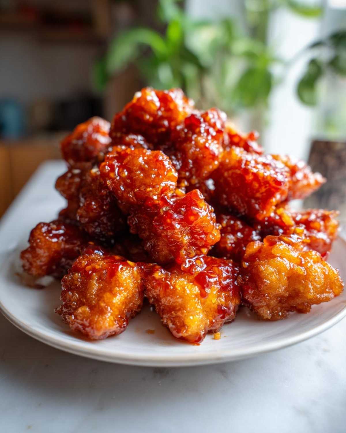 A pile of golden, crispy Air Fryer Crispy Tofu pieces generously coated in a shiny, sweet chili glaze.