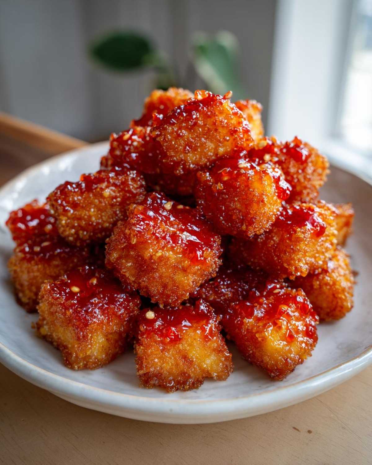 A pile of Air Fryer Crispy Tofu pieces coated in a vibrant, glossy sweet chili glaze.