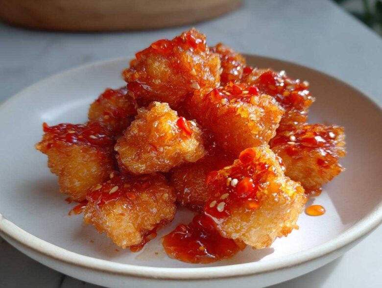 Golden brown cubes of Air Fryer Crispy Tofu generously drizzled with a shiny sweet chili glaze and sesame seeds.