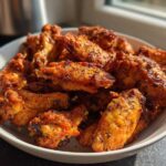 A white bowl filled with golden brown, crispy Air Fryer Lemon Pepper Wings seasoned with herbs.