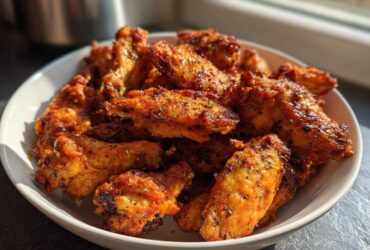 A white bowl filled with golden brown, crispy Air Fryer Lemon Pepper Wings seasoned with herbs.