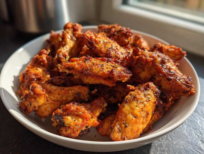 A white bowl filled with golden brown, crispy Air Fryer Lemon Pepper Wings seasoned with herbs.