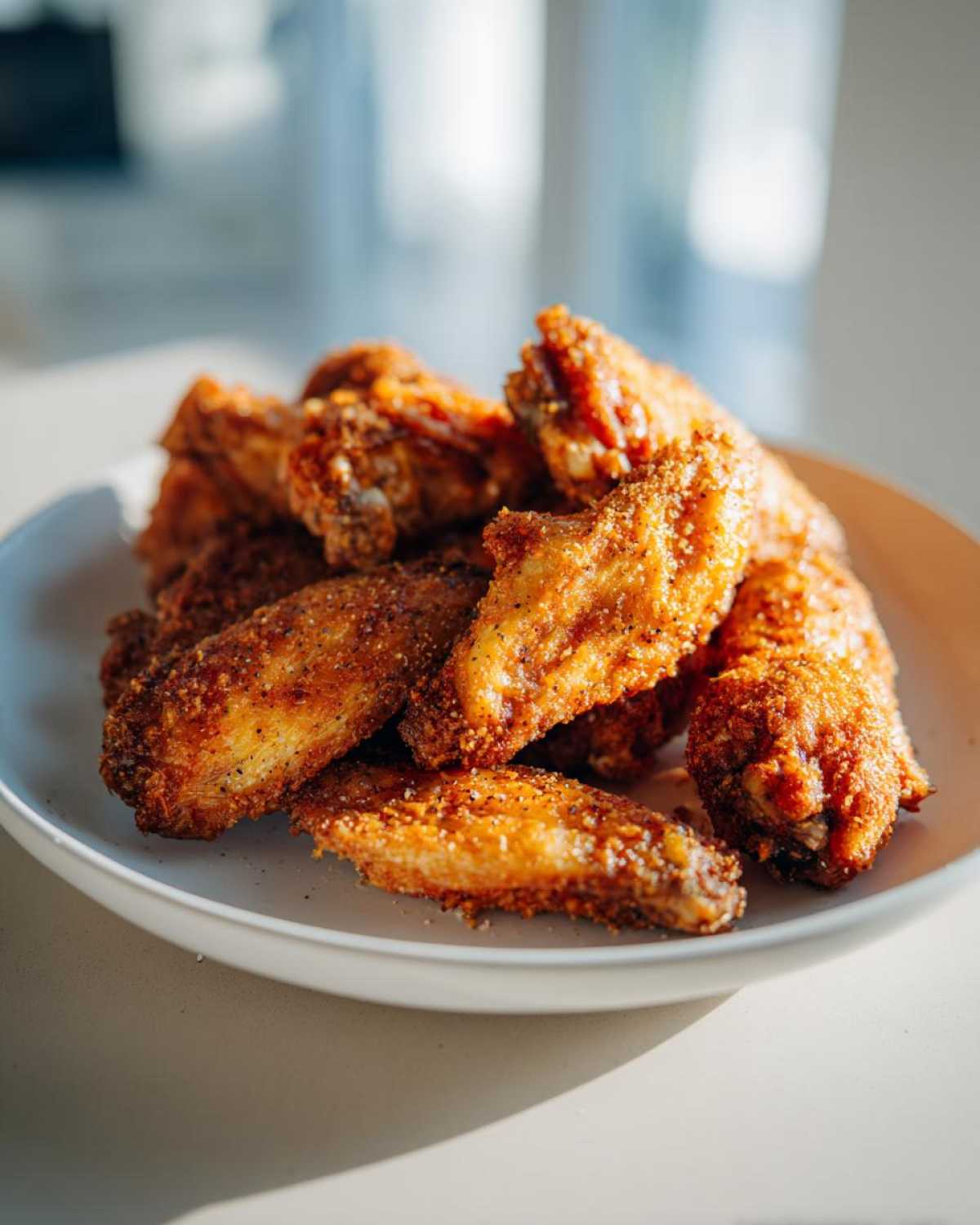 A pile of crispy, golden Air Fryer Lemon Pepper Wings seasoned heavily with pepper, served on a white plate.