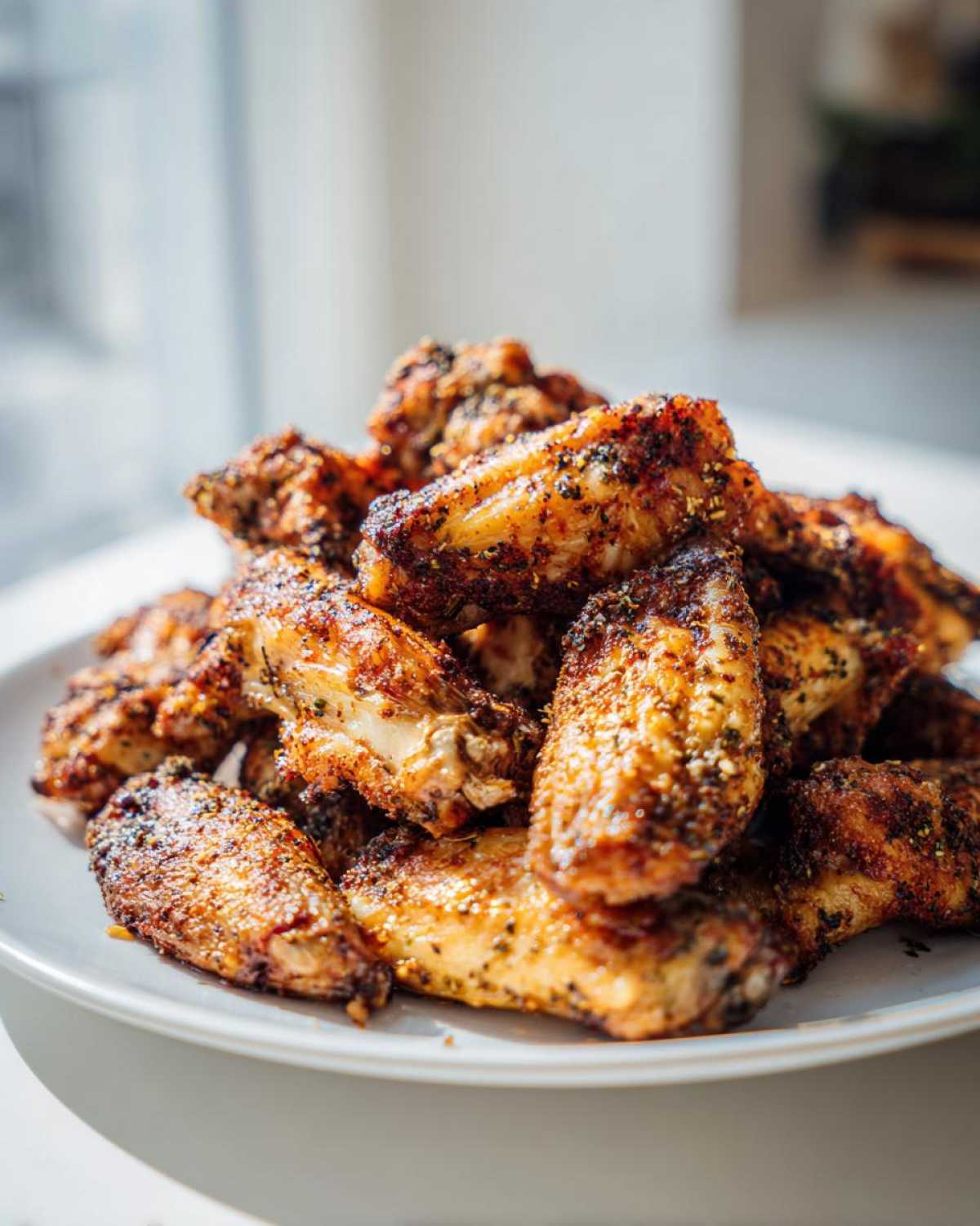 A pile of crispy, golden Air Fryer Lemon Pepper Wings heavily seasoned with black pepper and herbs.